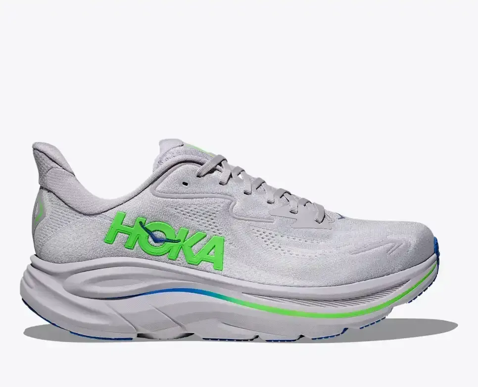 HOKA Clifton 10 Aschgrau Neongrün Media front view