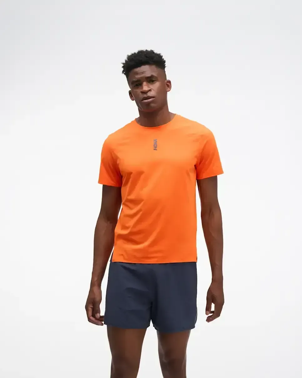 HOKA EveryRun Short Sleeve Electric Tangerine Media front view