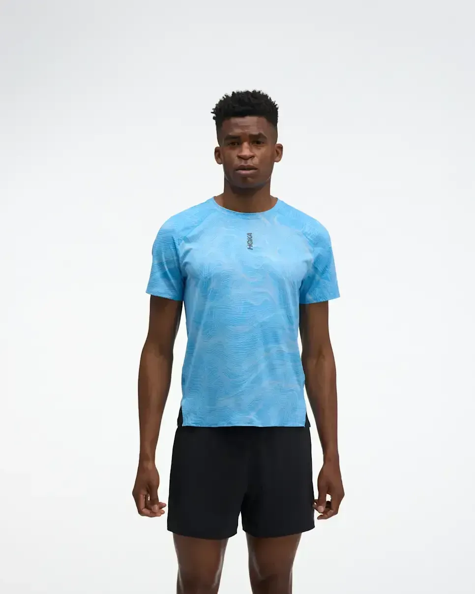 HOKA EveryRun Short Sleeve Mineral Blue Prt Media front view