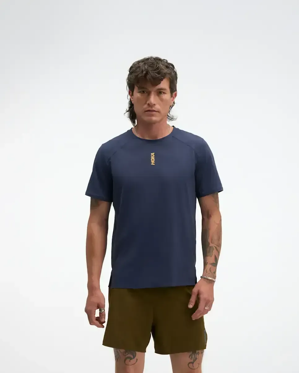 HOKA EveryRun Short Sleeve Varsity Navy Gold Media front view