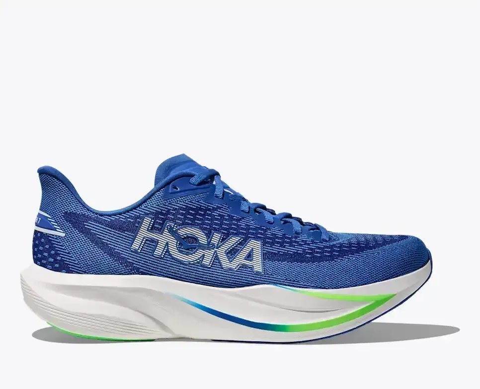 HOKA Mach 7 Kobaltblau Neongrün Media front view