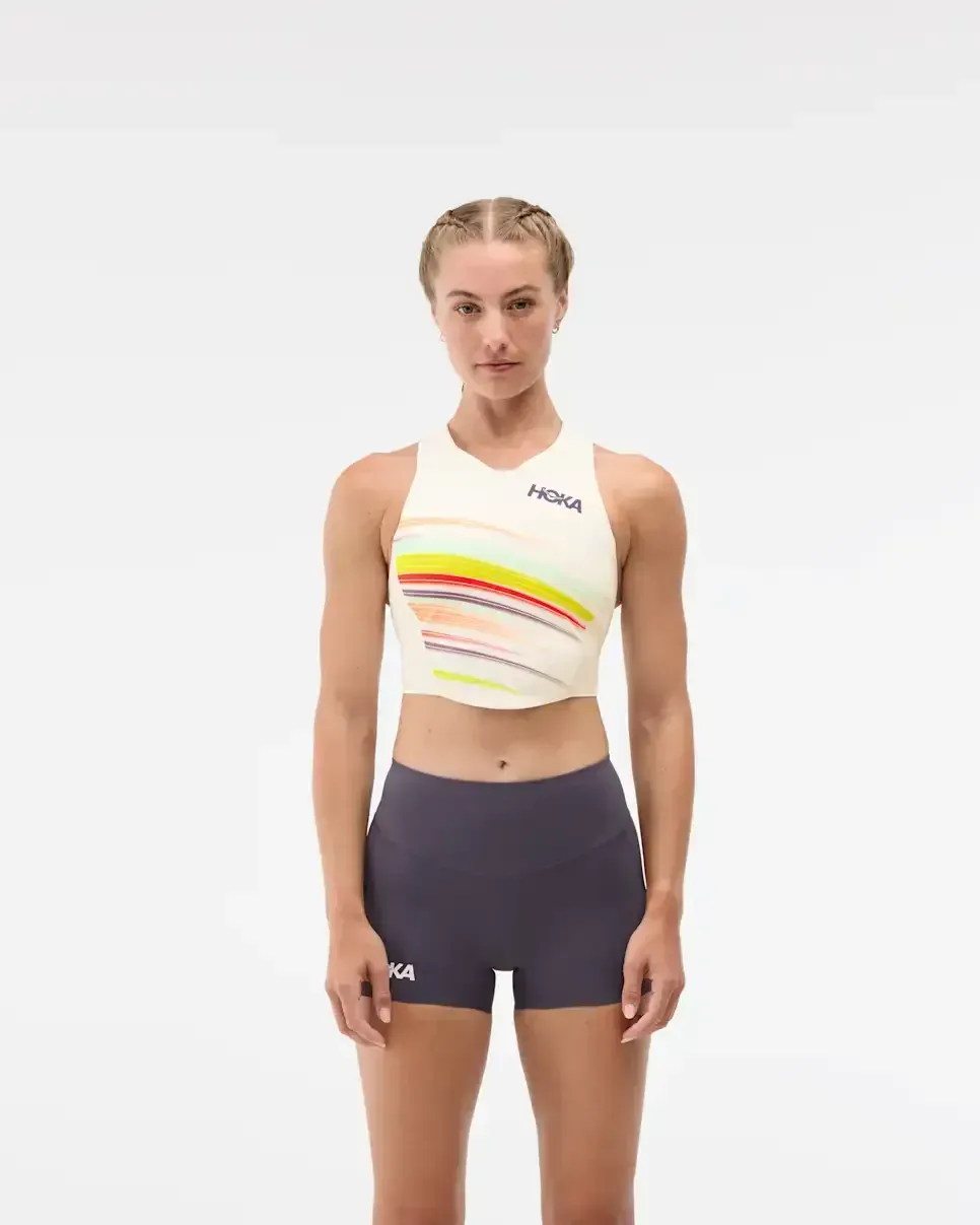 HOKA Race Day Crop Bra Alabaster Flare (Damen) Media front view